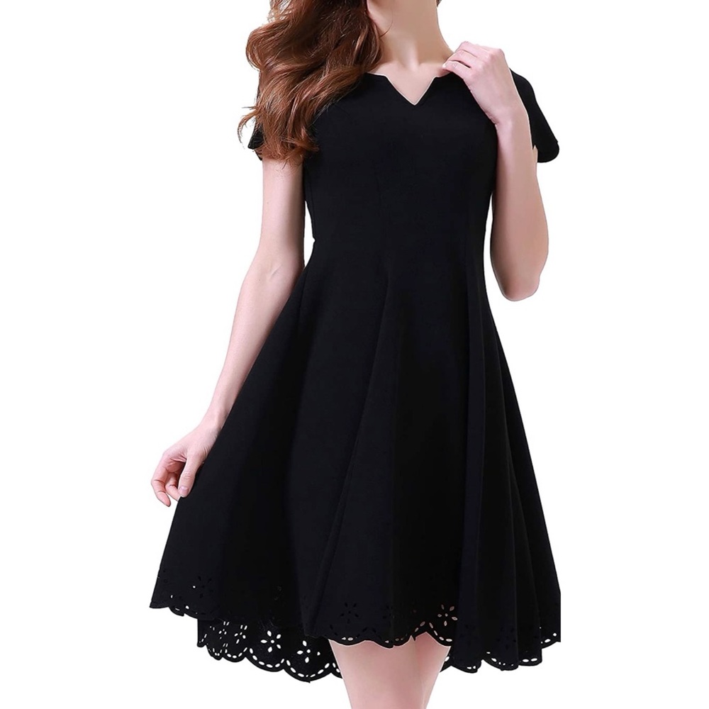 Aphratti A Line Scalloped Short Sleeve Dress Black